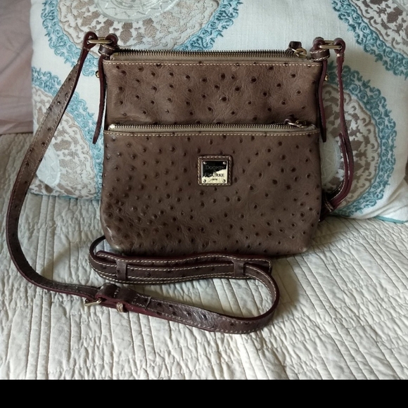 Dooney & Bourke Taupe Ostrich Embossed Leather Letter Carrier Crossbody Purse - Picture 1 of 10